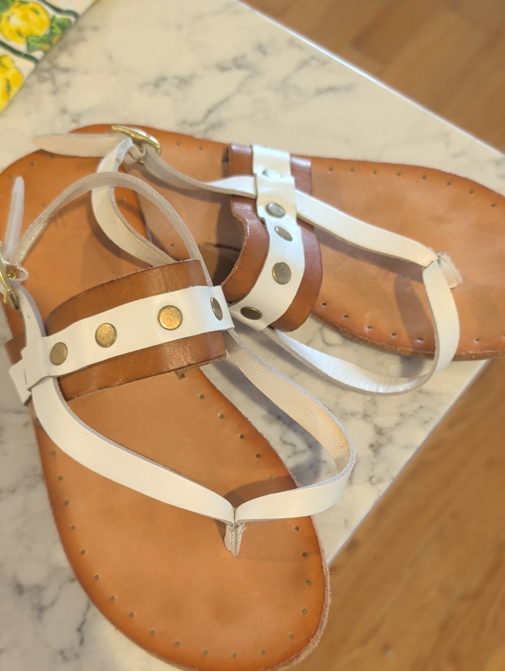 Frye White & Tan Studded Leather Women's Sandals